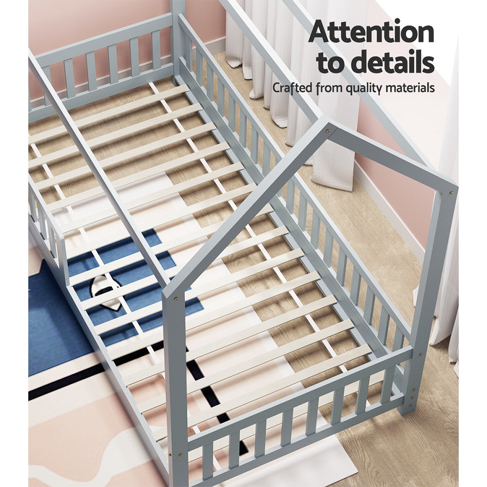 Artiss Bed Frame Wooden Kids House Frame Grey ROCK 3