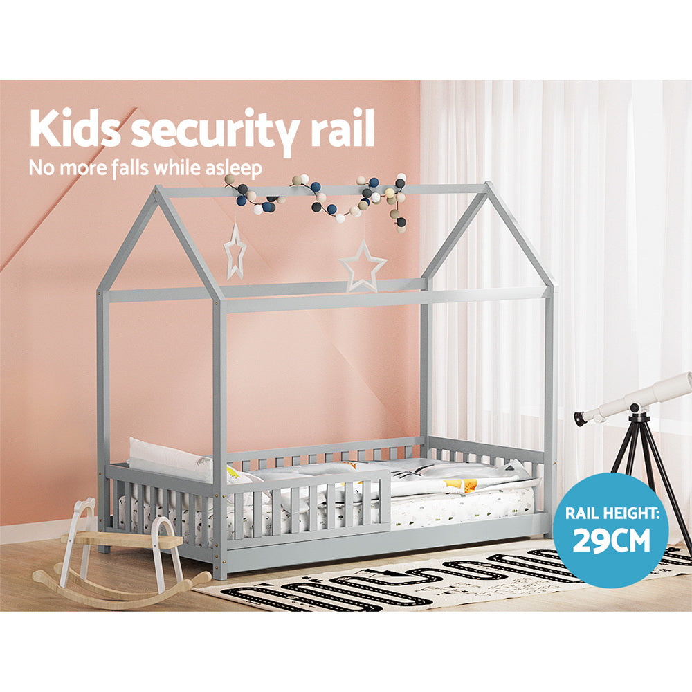 Artiss Bed Frame Wooden Kids House Frame Grey ROCK 5