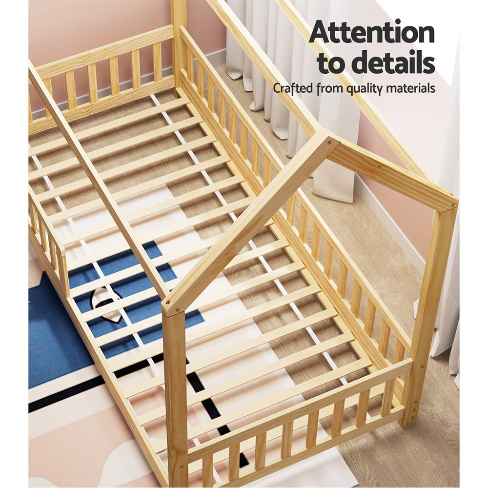 Artiss Bed Frame Wooden Kids House Frame Oak ROCK 4