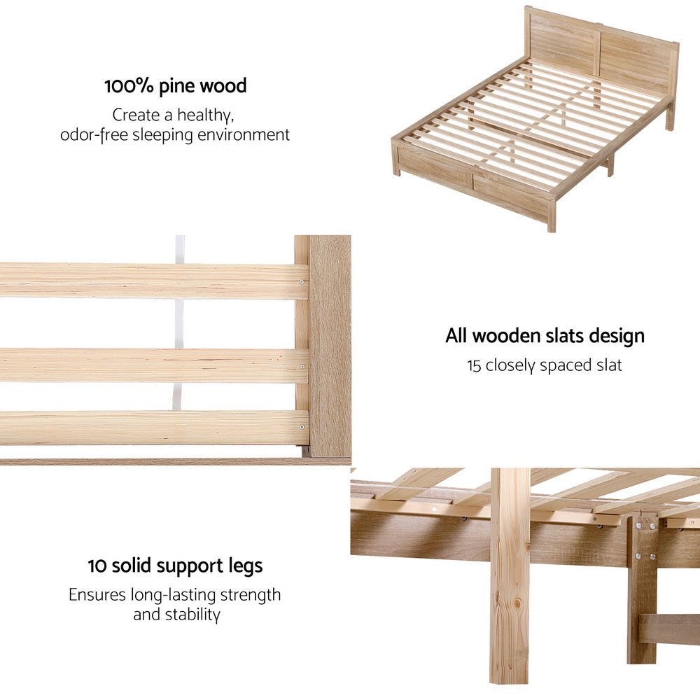 Artiss Bed Frame Double Size Wooden Acacia Wood OATMEAL 7