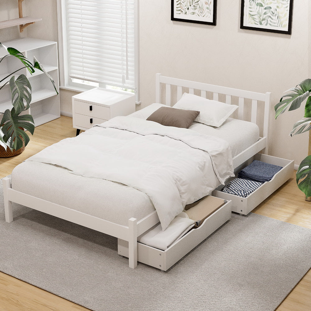 Artiss Bed Frame King Single Size Wooden Platform with 2 Storage Drawers White 7