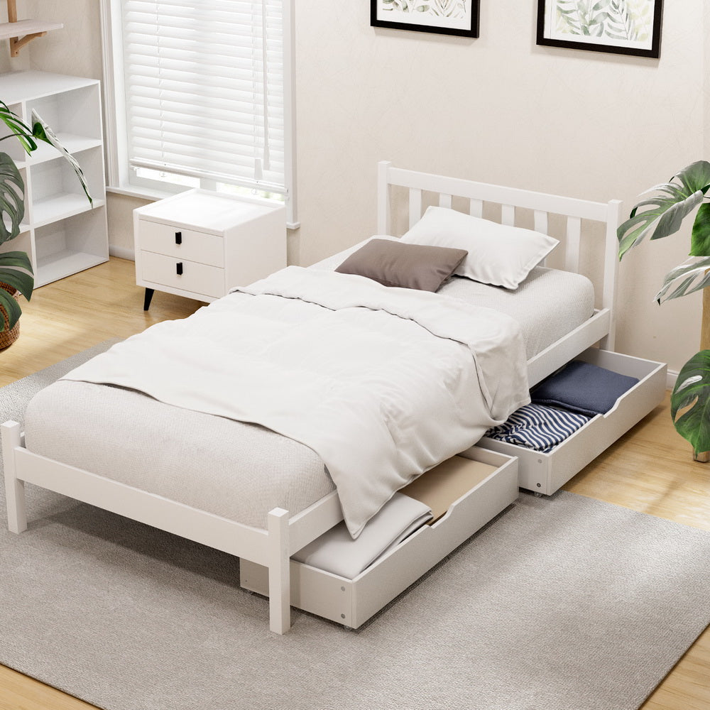 Artiss Bed Frame Single Size Wooden Platform with 2 Storage Drawers White SOFIE 7
