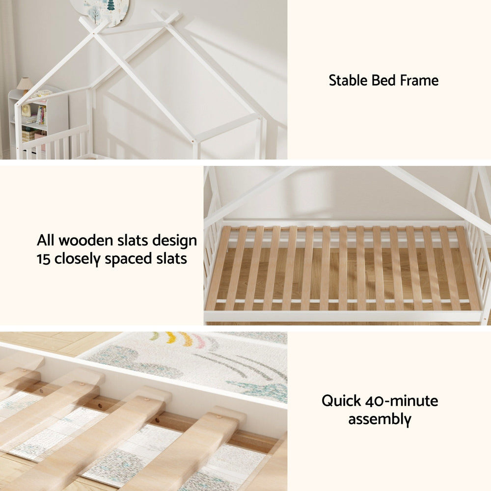 Artiss Bed Frame Wooden Base Kids Single Timber House Beds White 7