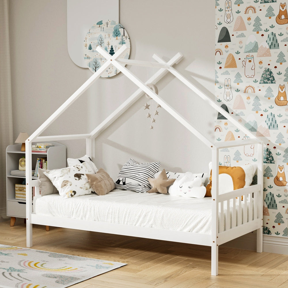 Artiss Bed Frame Wooden Base Kids Single Timber House Beds White 8