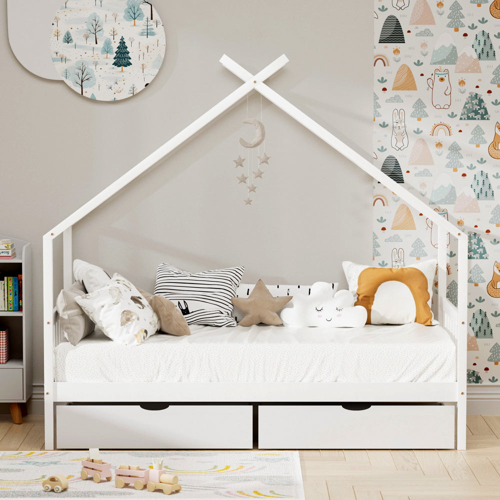 Artiss Bed Frame Wooden Base Kids Single Timber House  with 2 Storage Drawers Beds White 6