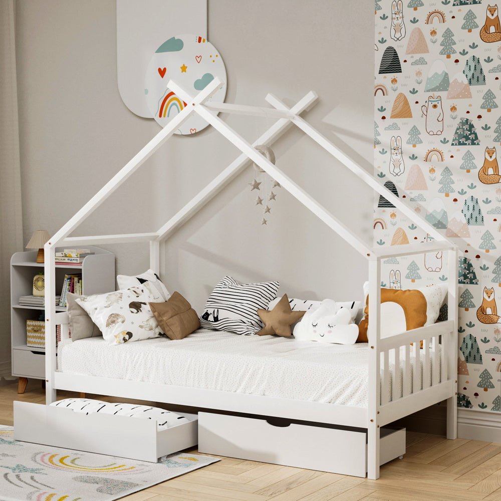 Artiss Bed Frame Wooden Base Kids Single Timber House  with 2 Storage Drawers Beds White 7