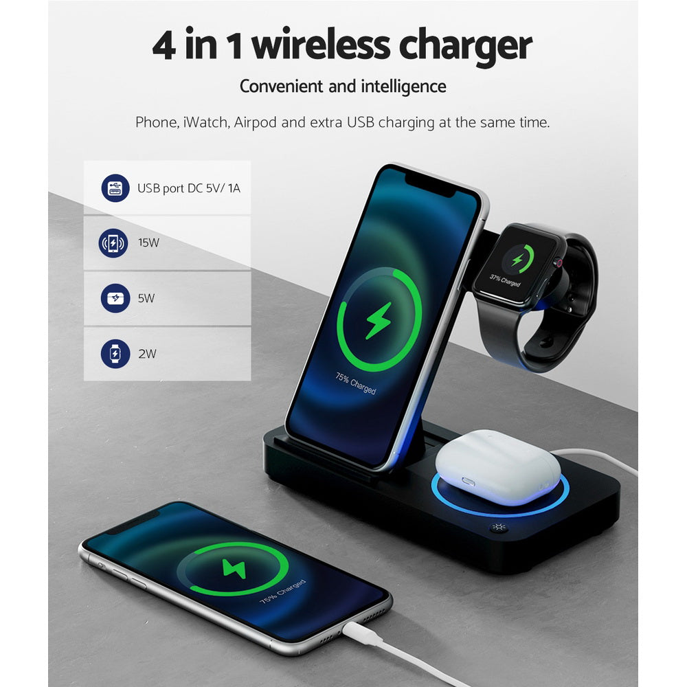Devanti 4-in-1 Wireless Charger Station Fast Charging for Phone Black 5