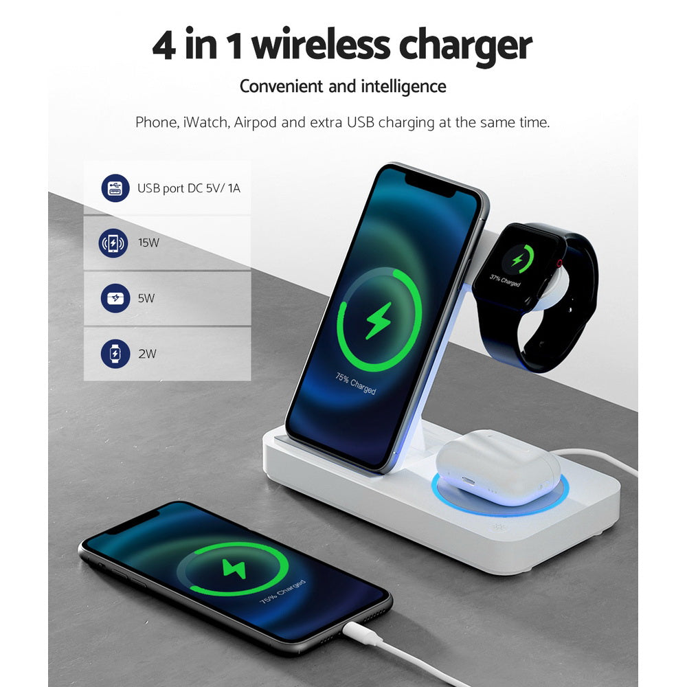 Devanti 4-in-1 Wireless Charger Dock Fast Charging for Phone White 5