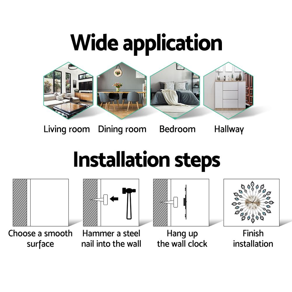 Artiss 60cm Wall Clock Large 3D Peacock Crystal Silver 6