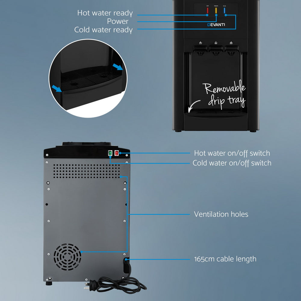 22L Devanti Water Cooler Dispenser Bench Top 3 Taps Chiller Filter Purifier Three Taps Balck 5