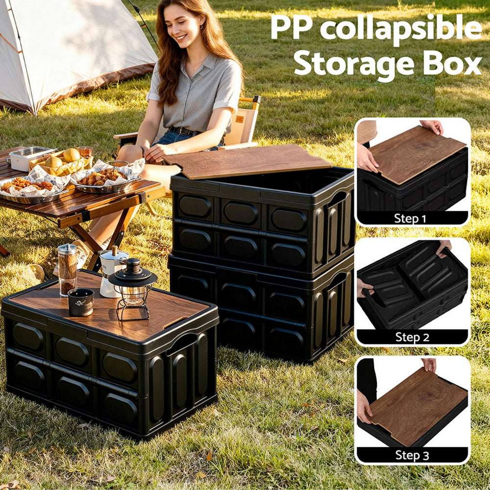 Gardeon Collapsible Outdoor Storage Box 50L Stackable Folding Camping Organizer Plywood Lid Black 5