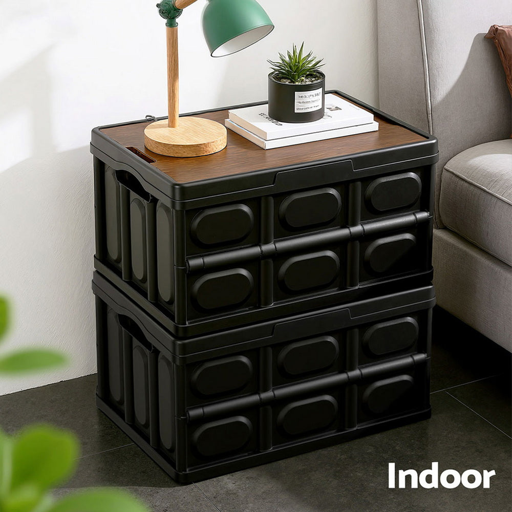 Gardeon Collapsible Outdoor Storage Box 50L Stackable Folding Camping Organizer Plywood Lid Black 7