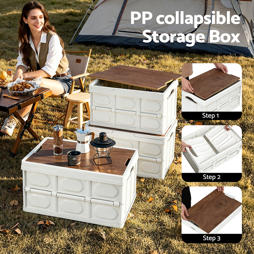 Gardeon Collapsible Outdoor Storage Box 50L Stackable Folding Camping Organizer Plywood Lid Beige 5
