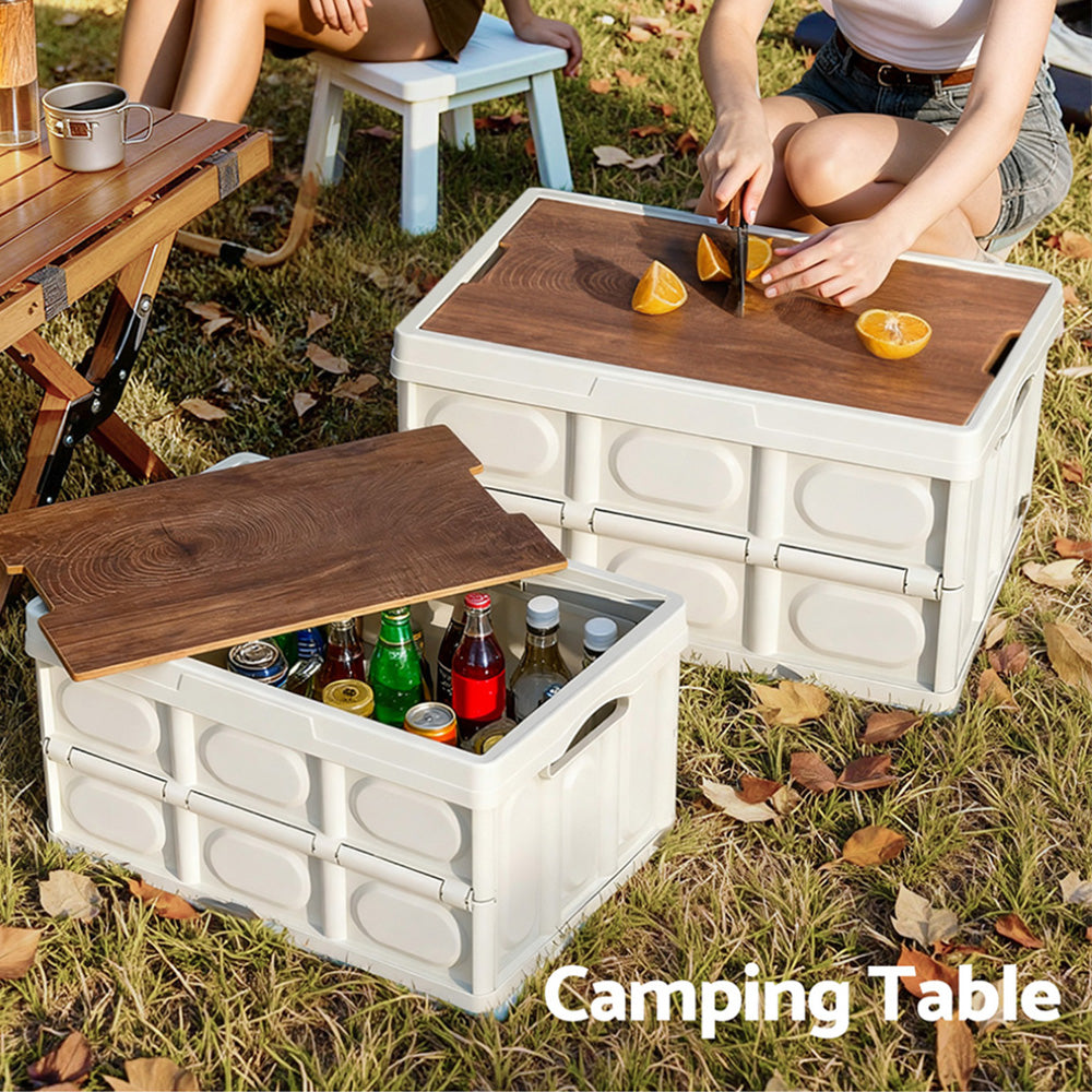 Gardeon Collapsible Outdoor Storage Box 50L Stackable Folding Camping Organizer Plywood Lid Beige 6