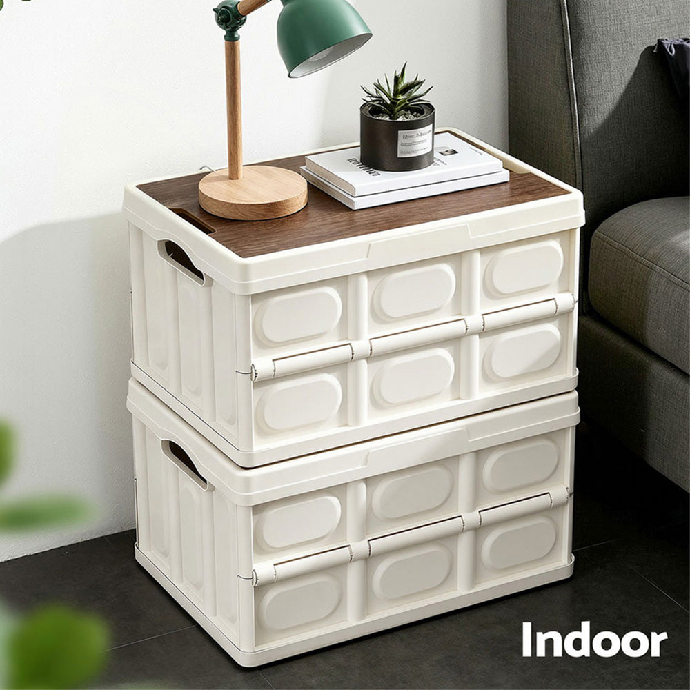 Gardeon Collapsible Outdoor Storage Box 50L Stackable Folding Camping Organizer Plywood Lid Beige 7