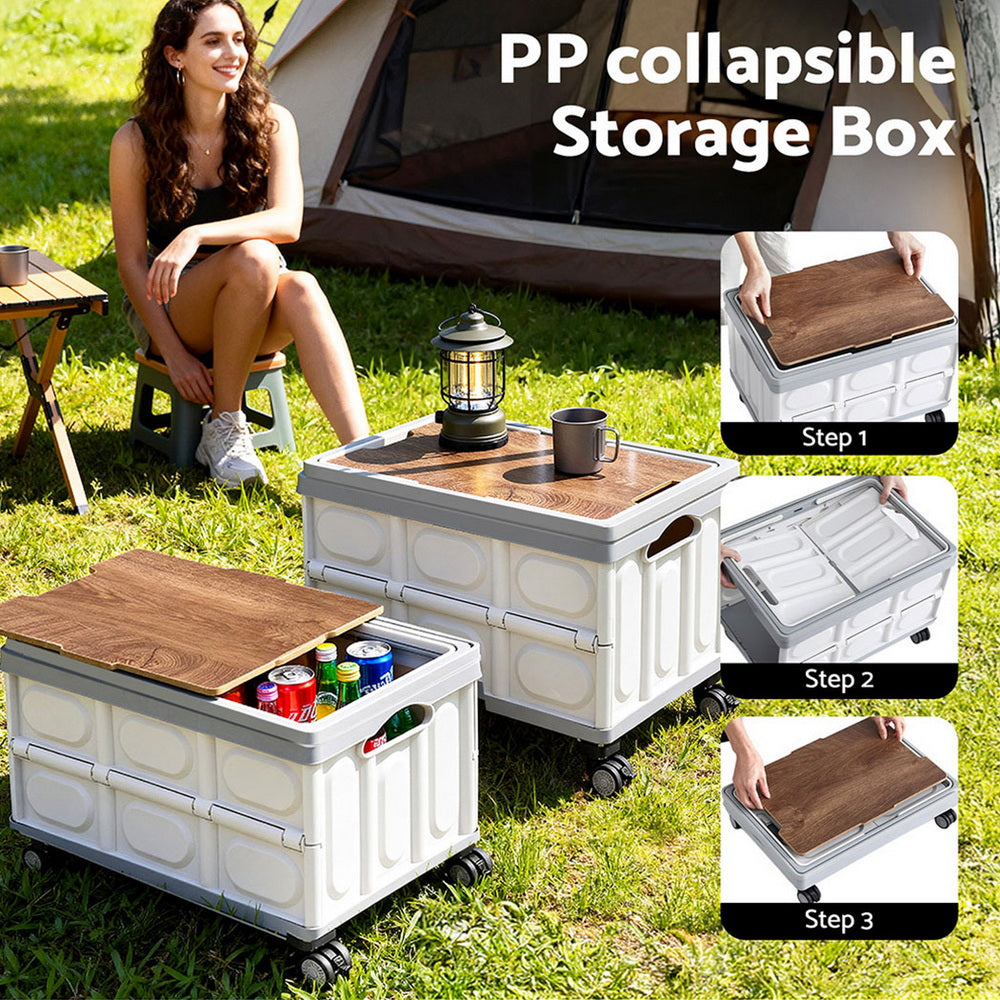Gardeon Collapsible Outdoor Storage Box 54L Stackable Folding Camping Organizer Wheels Plywood Lid Beige 5
