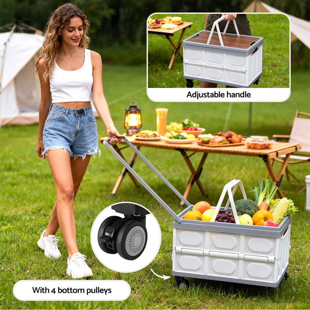 Gardeon Collapsible Outdoor Storage Box 54L Stackable Folding Camping Organizer Wheels Plywood Lid Beige 7