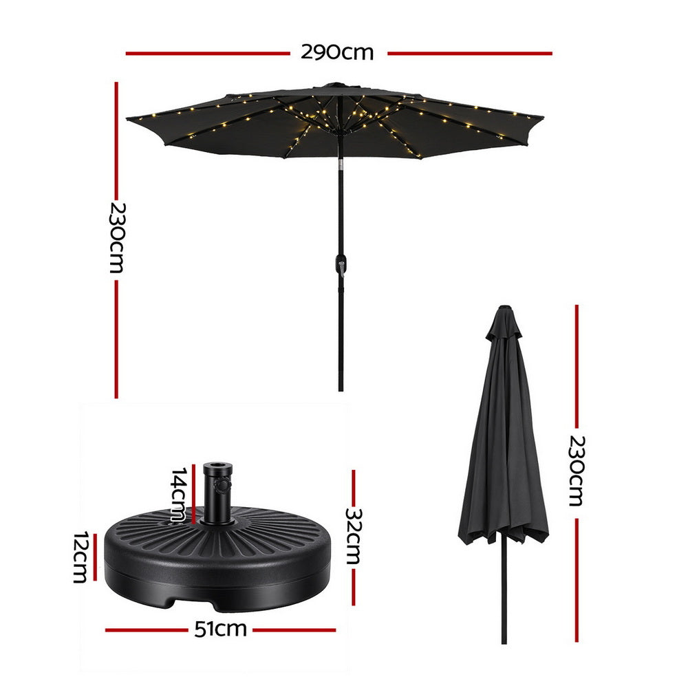 Instahut Outdoor Umbrella 2.9m Market Umbrella with Base String Light Black 3