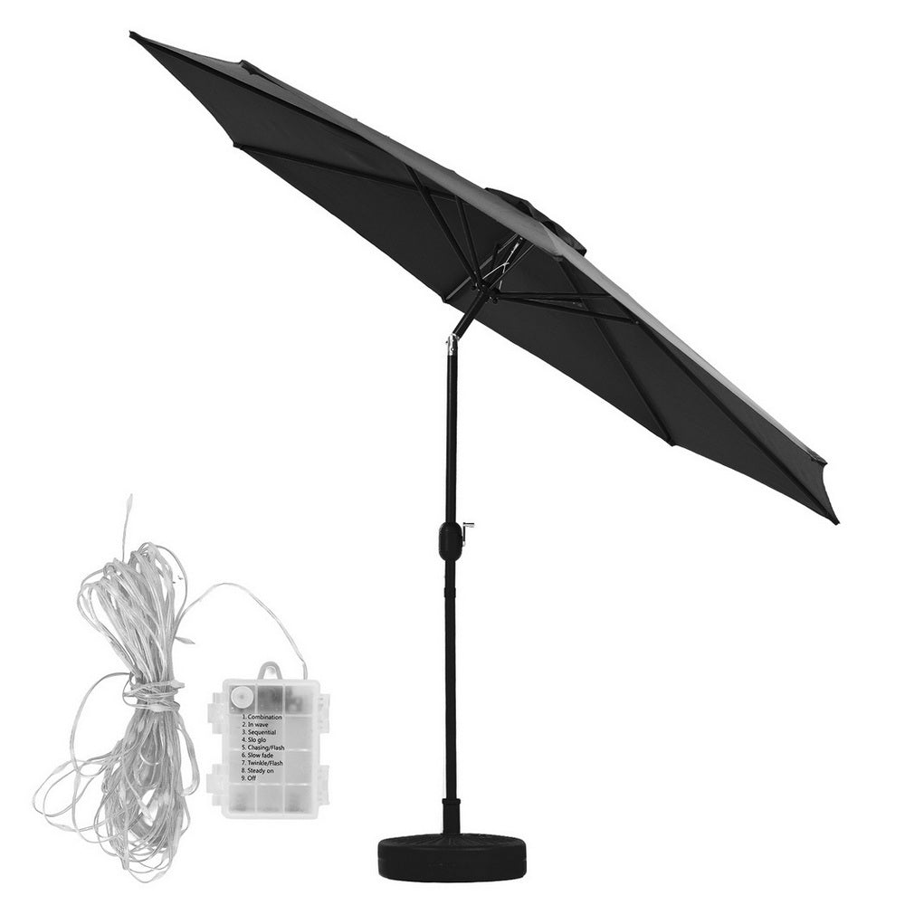 Instahut Outdoor Umbrella 2.9m Market Umbrella with Base String Light Black 4
