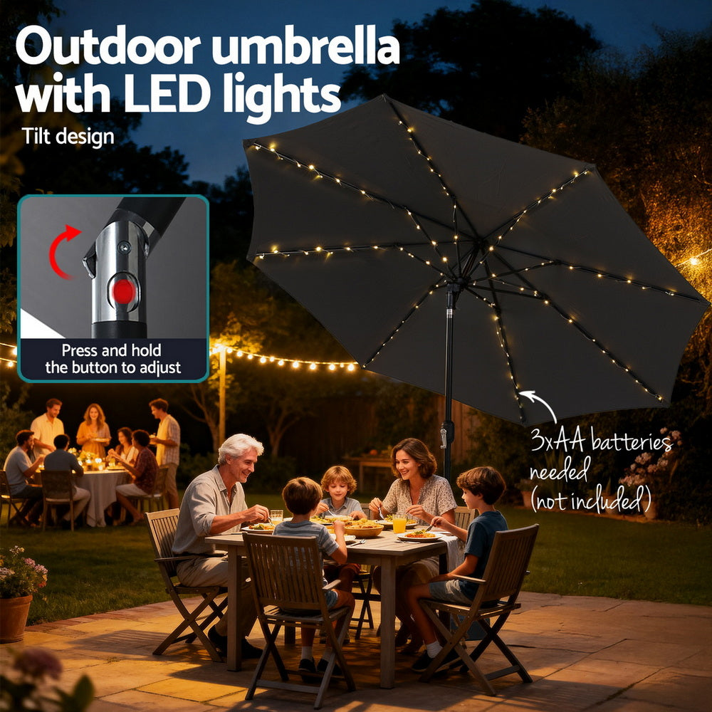 Instahut Outdoor Umbrella 2.9m Market Umbrella with String Light Tilt Charcoal Shade 6