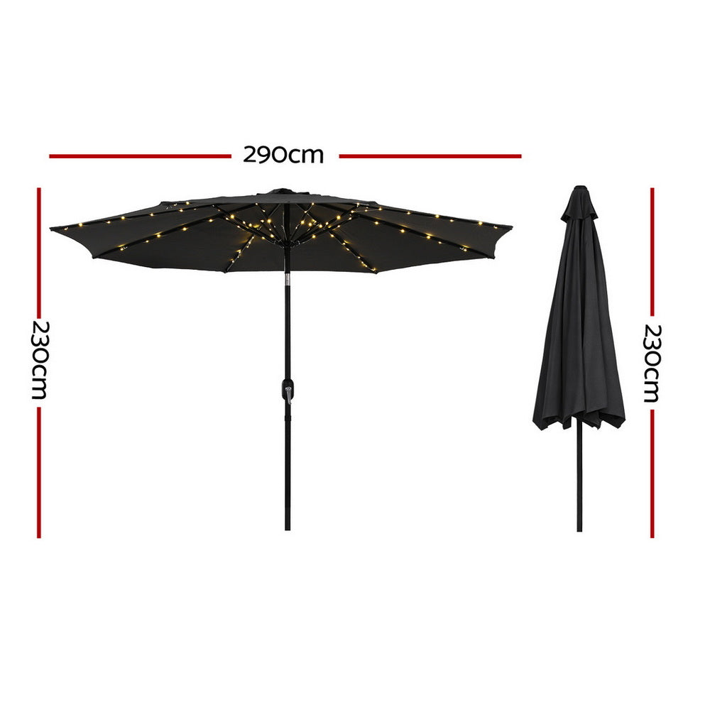 Instahut Outdoor Umbrella 2.9m Market Umbrella with String Light Tilt Black 3