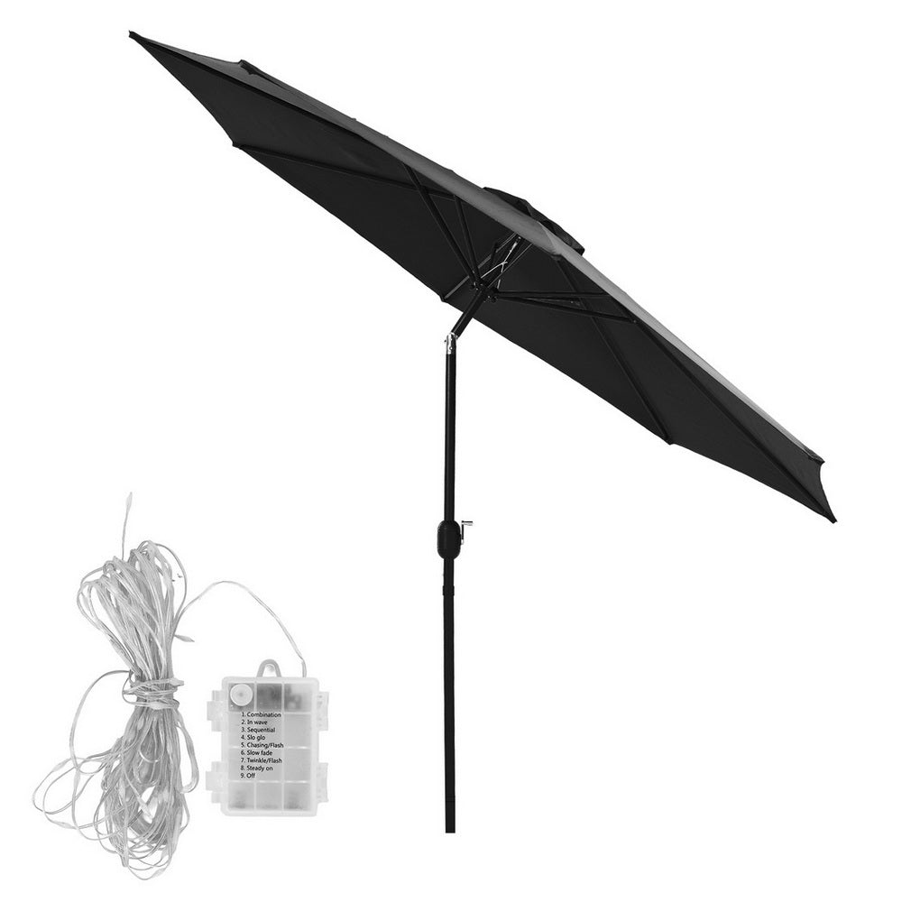 Instahut Outdoor Umbrella 2.9m Market Umbrella with String Light Tilt Black 4