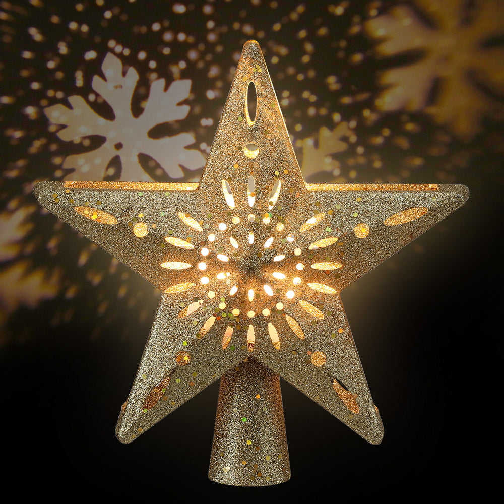 Jingle Jollys Christmas Tree Topper Star Snowflake Projector Party Glitter Gold 3