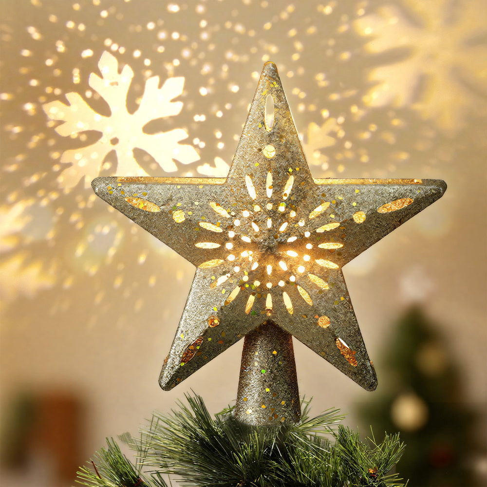 Jingle Jollys Christmas Tree Topper Star Snowflake Projector Party Glitter Gold 6