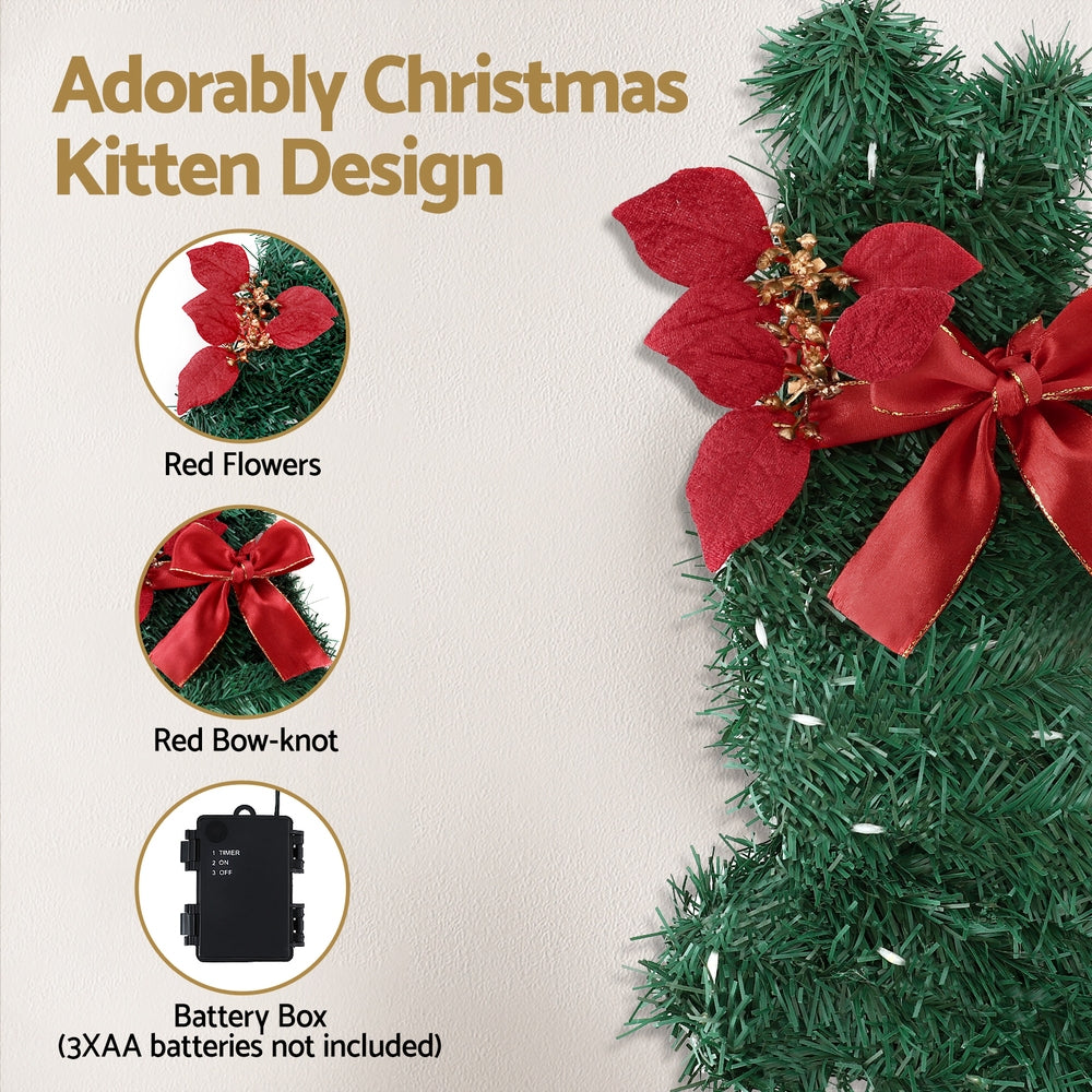 Jingle Jollys Cat Christmas Wreath Pre-lit 20 LED Xmas Decor Bow Flower 35x30cm 4