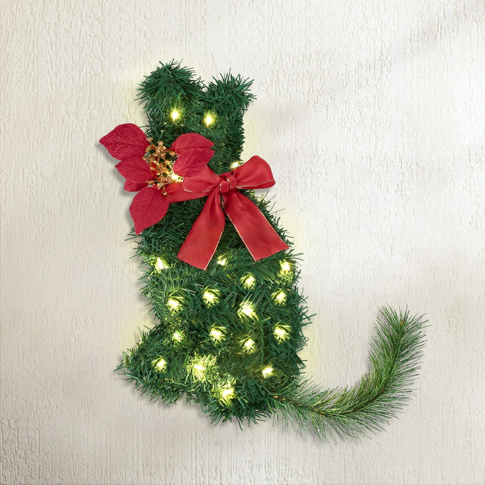 Jingle Jollys Cat Christmas Wreath Pre-lit 20 LED Xmas Decor Bow Flower 35x30cm 7
