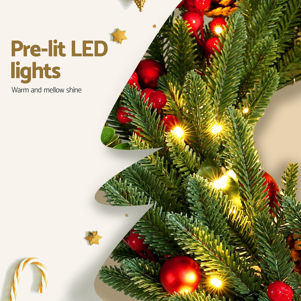 Jingle Jollys Christmas Wreath 60CM LED Garland Berries Pine Cones Party Decor 5