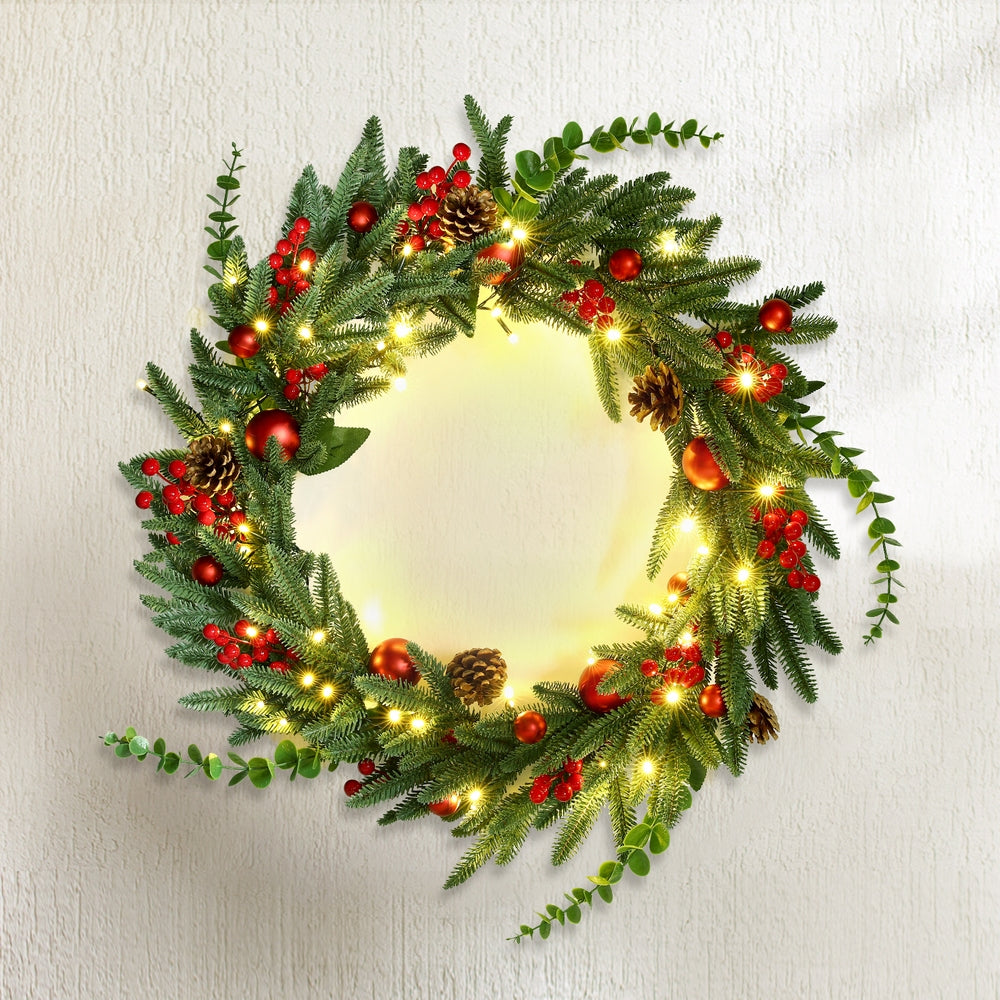 Jingle Jollys Christmas Wreath 60CM LED Garland Berries Pine Cones Party Decor 6
