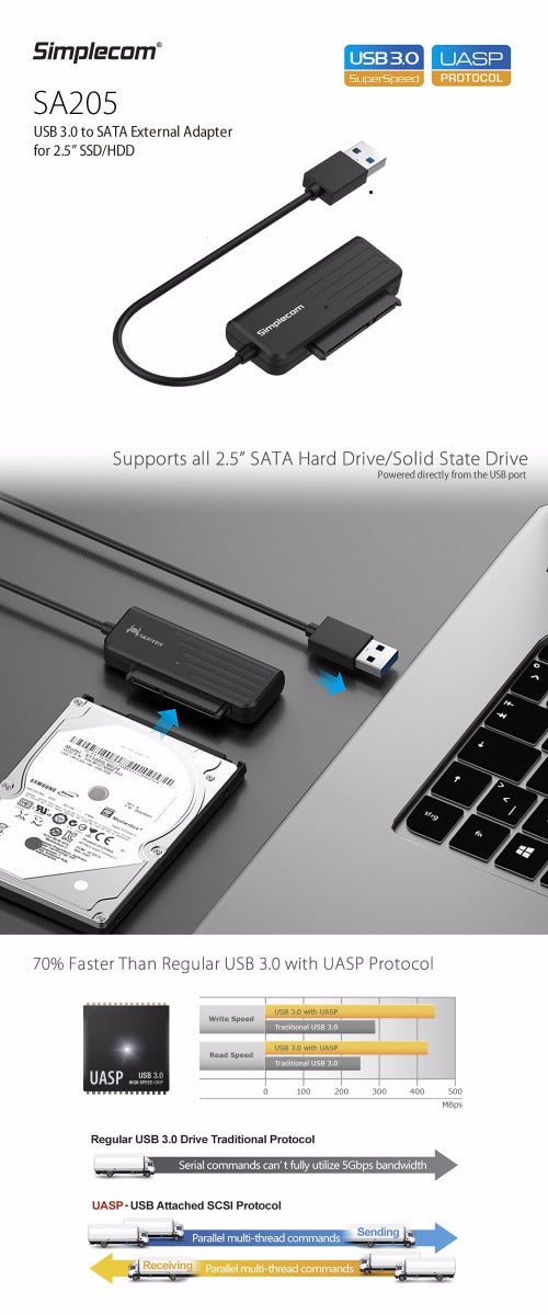 Simplecom SA205 Compact USB 3.0 to SATA Adapter Cable Converter for 2.5" SSD/HDD 4