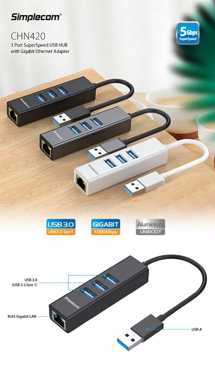 Simplecom CHN420 Aluminium 3 Port SuperSpeed USB HUB with Gigabit Ethernet Adapter Black 3