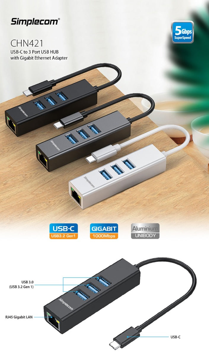 Simplecom CHN421 Aluminium USB-C to 3 Port USB HUB with Gigabit Ethernet Adapter Black 4