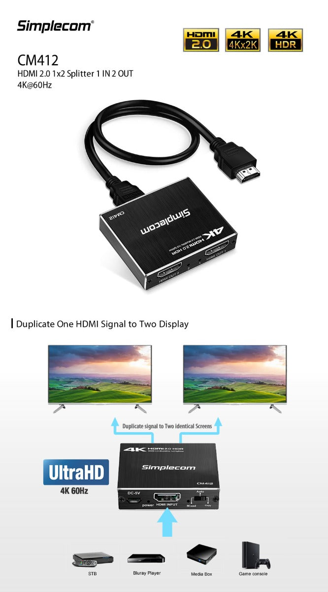 Simplecom CM412 HDMI 2.0 1x2 Splitter 1 IN 2 Out 4K@60Hz HDR10 2 Port HDMI Duplicator 4