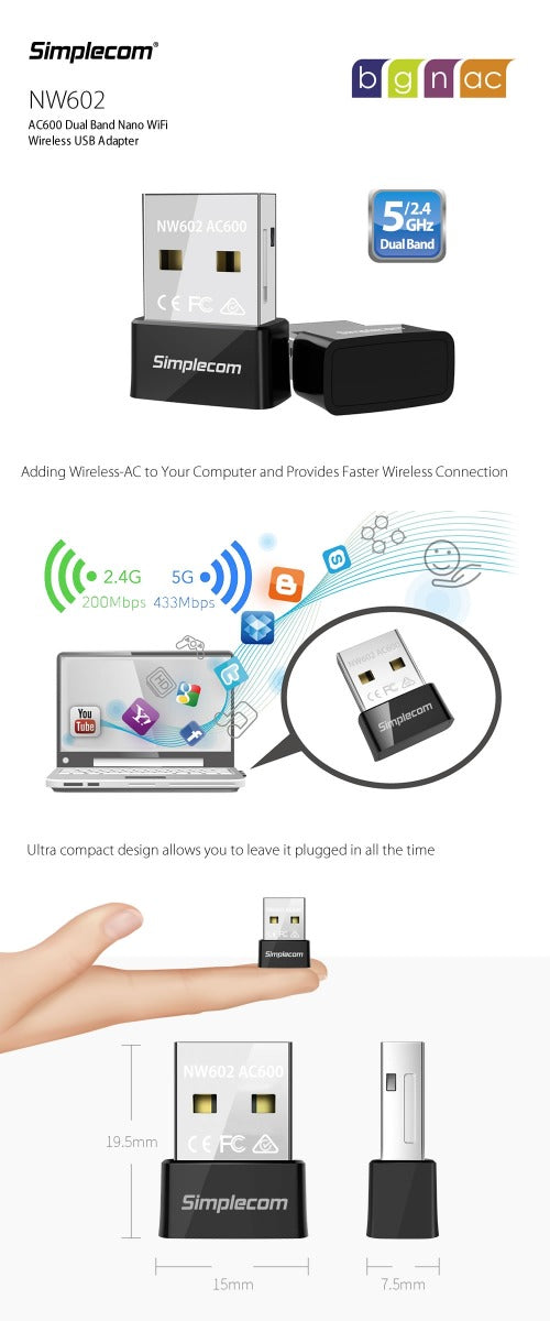 Simplecom NW602 AC600 Dual Band Nano USB WiFi Wireless Adapter 6