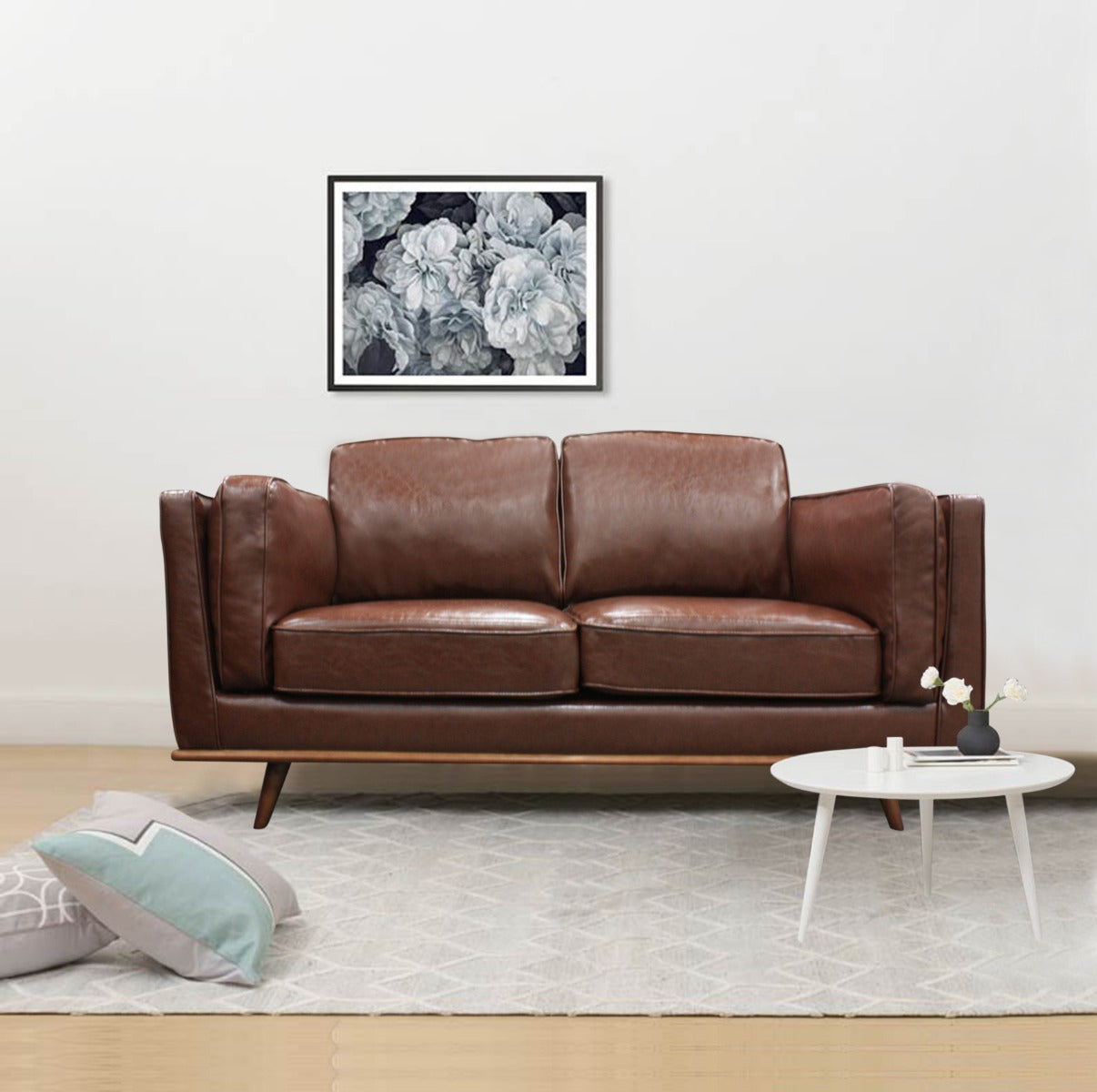 2 Seater Faux Leather Sofa Brown Modern Lounge Set for Living Room Couch with Wooden Frame 7